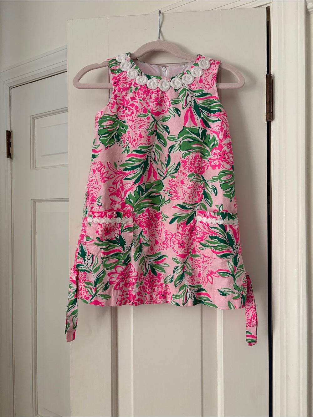 Lilly Pulitzer Girls Pink Floral Tank Top with Green Leaf Accents